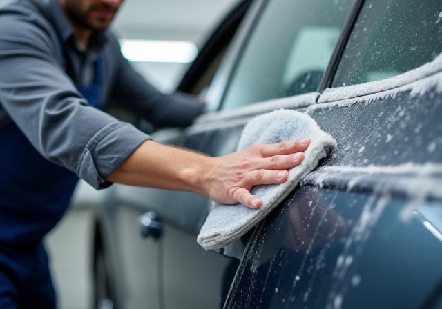 Membro dello staff che esegue la dettagliatura esterna dell'auto